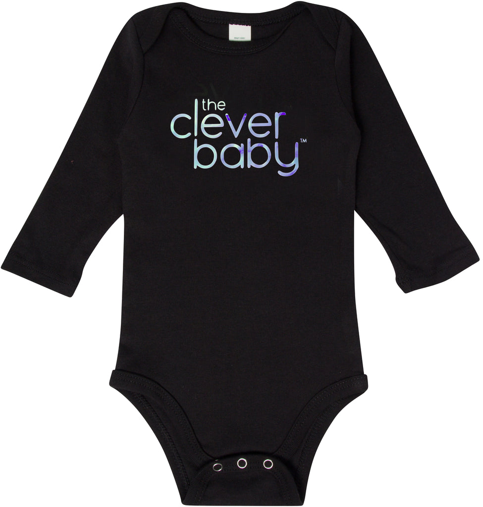 Limited edition organic cotton black onesie with a blue holographic clever baby signature logo