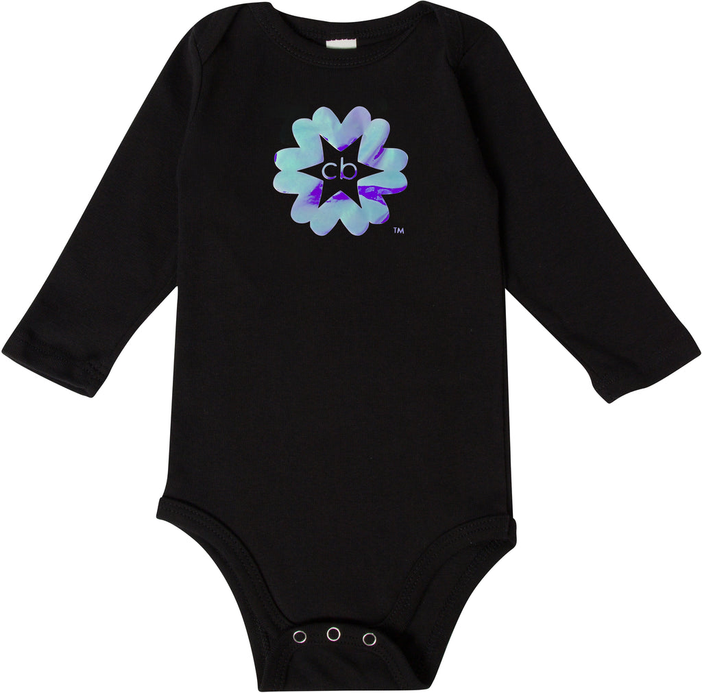 Limited edition organic cotton black onesie with a blue holographic clever baby signature mark.