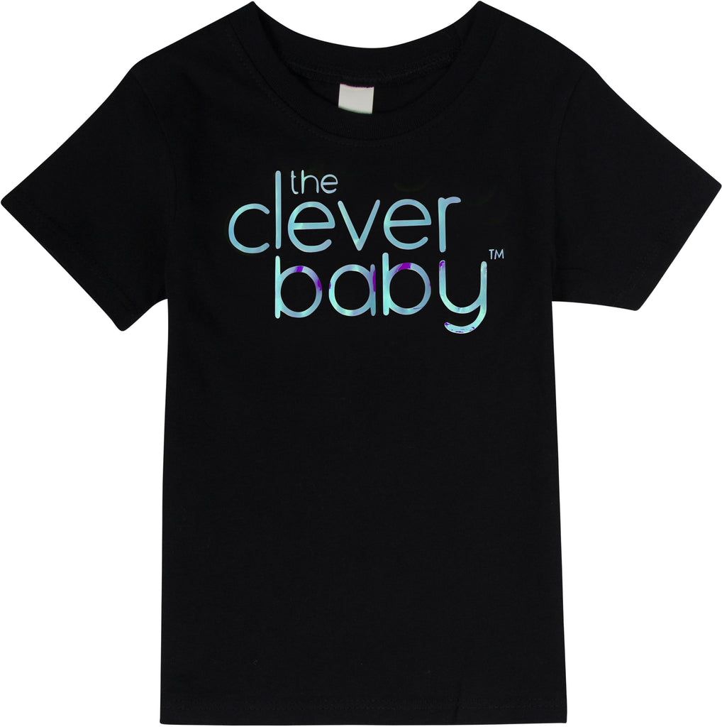 Limited edition organic cotton black t-shirt with a blue holographic clever baby signature logo. 