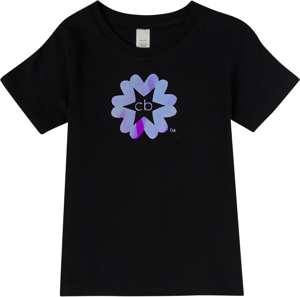 Limited edition organic cotton black t-shirt with a blue holographic clever baby signature mark.