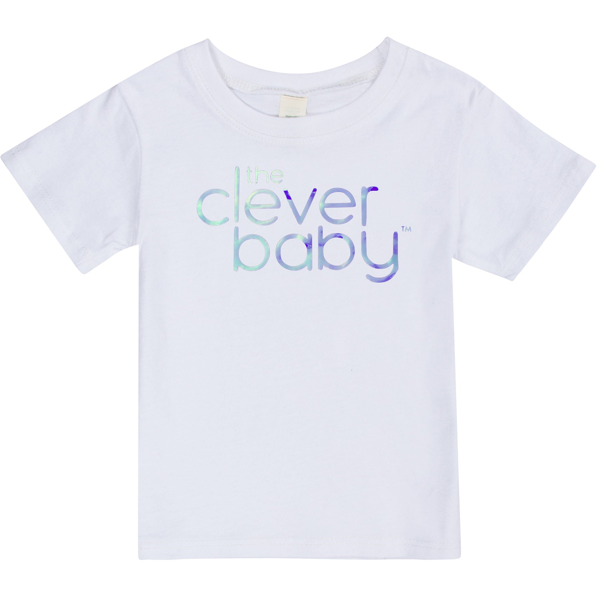 Limited edition organic cotton white t-shirt with a blue holographic clever baby signature logo.