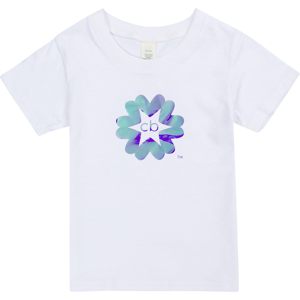 Limited edition organic cotton white t-shirt with a blue holographic clever baby signature mark.