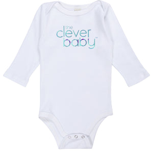 Limited edition organic cotton white onesie with a blue holographic clever baby signature logo. 