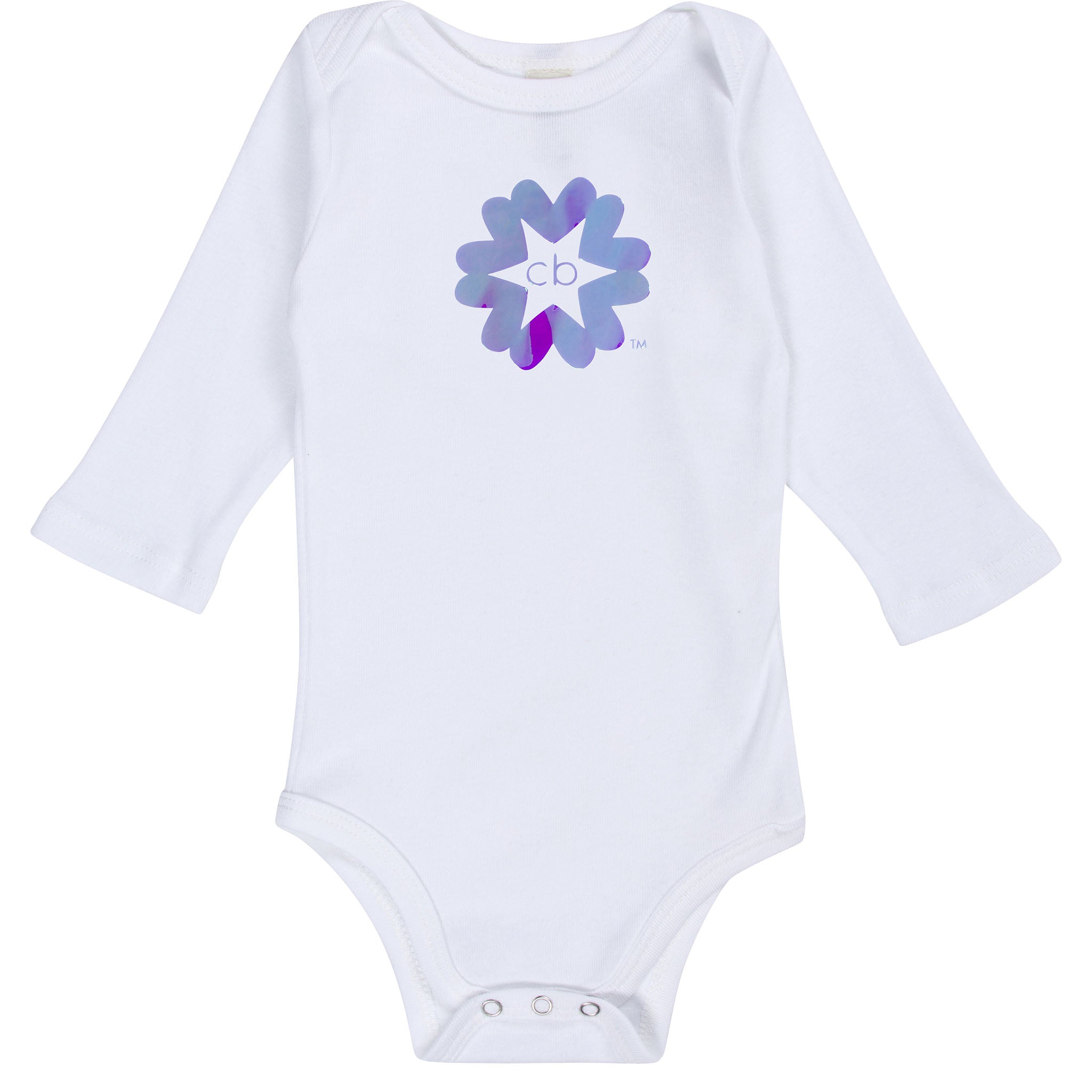Limited edition organic cotton white onesie with a blue holographic clever baby signature mark. 